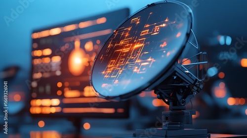 A parabolic dish antenna glowing with holographic overlays