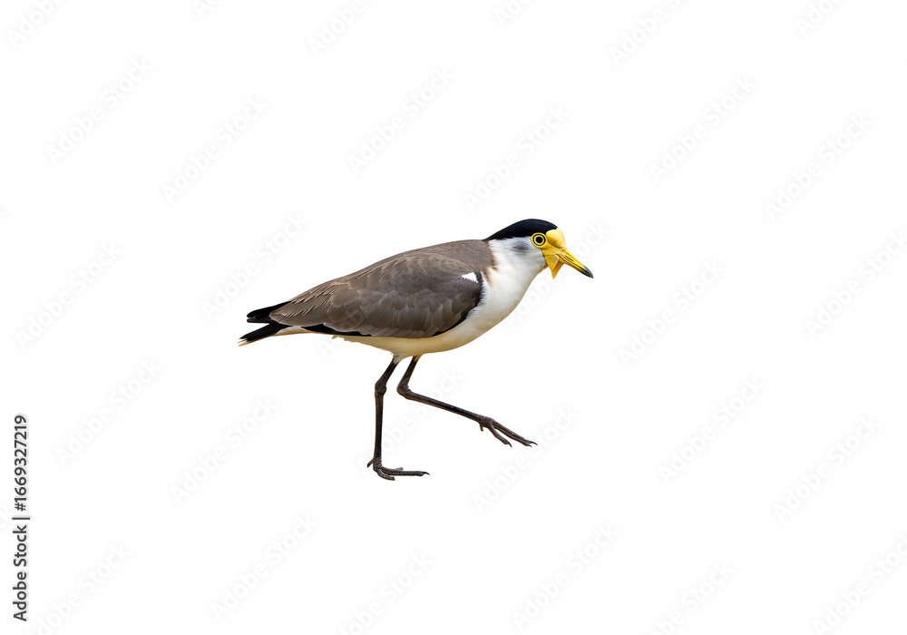 Obraz premium Isolated wading bird with distinctive black cap, yellow facial wattles, and grey and white plumage gracefully stepping across a clean white background.
