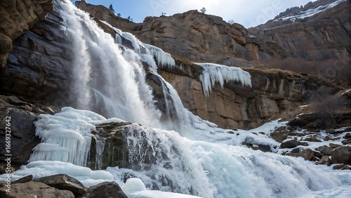Majestic frozen waterfall cascading down rocky mountain slope