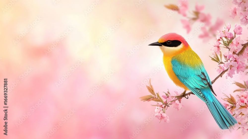 Obraz premium Colorful bird perched on branch with pink blossoms