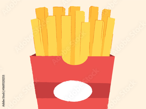 Golden French fries, served in a vibrant red container, are depicted in a delightful illustration, perfect for a casual snack or fast food concept. 