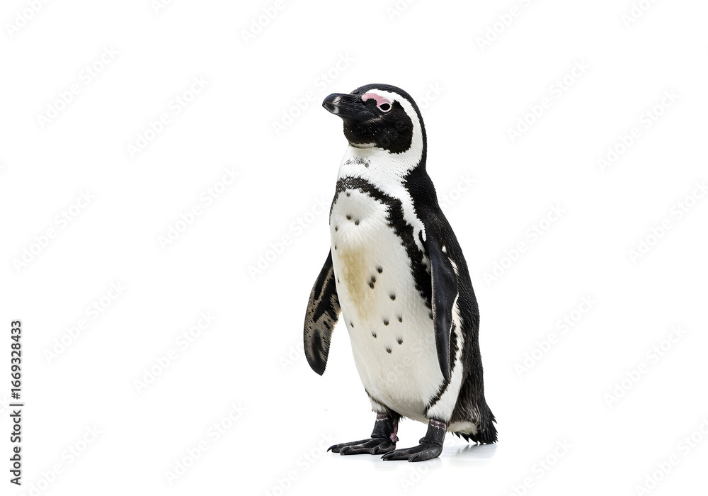 Naklejka premium Isolated portrait of an african penguin standing with grace on a stark white background, showcasing its distinctive black and white plumage, looking away.