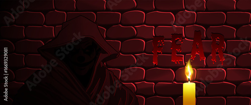 Vector dark sinister scary mysterious human creature in robe and hood. Stone wall in dungeon. Burning wax candle, shadows. Wide game terrifying red banner. Scary Look. Halloween flyer. Fear
