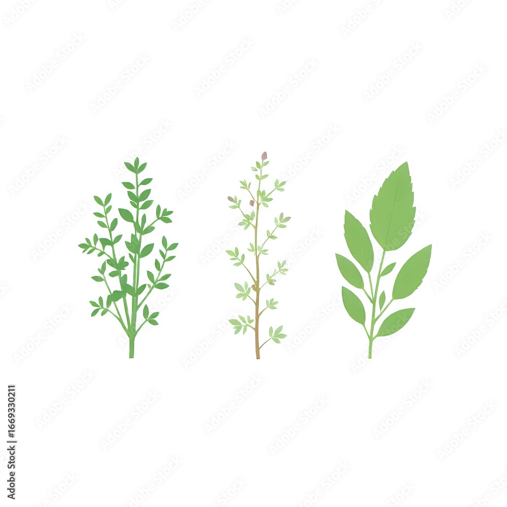 Fototapeta premium Flat Culinary Herb Icons in Green Tones – Thyme, Oregano, Sage 