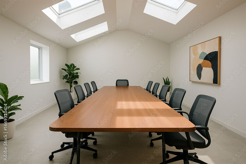 Fototapeta premium Modern office conference room with wooden table and chairs for business meetings