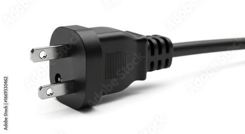 Black electrical plug with metal prongs and cable power cord