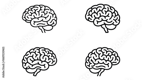 Brain icon set in black outline graphic design
