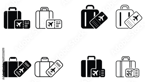 Suitcase and ticket icon set in black graphic design
