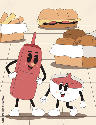 An endearing, cartoonish duo of food-themed characters, a cheerful ketchup bottle and a cute dipping sauce, frolic with playful food items, igniting a delightful emotion. 
