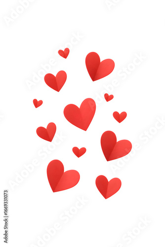 Five red paper hearts flying in the air
