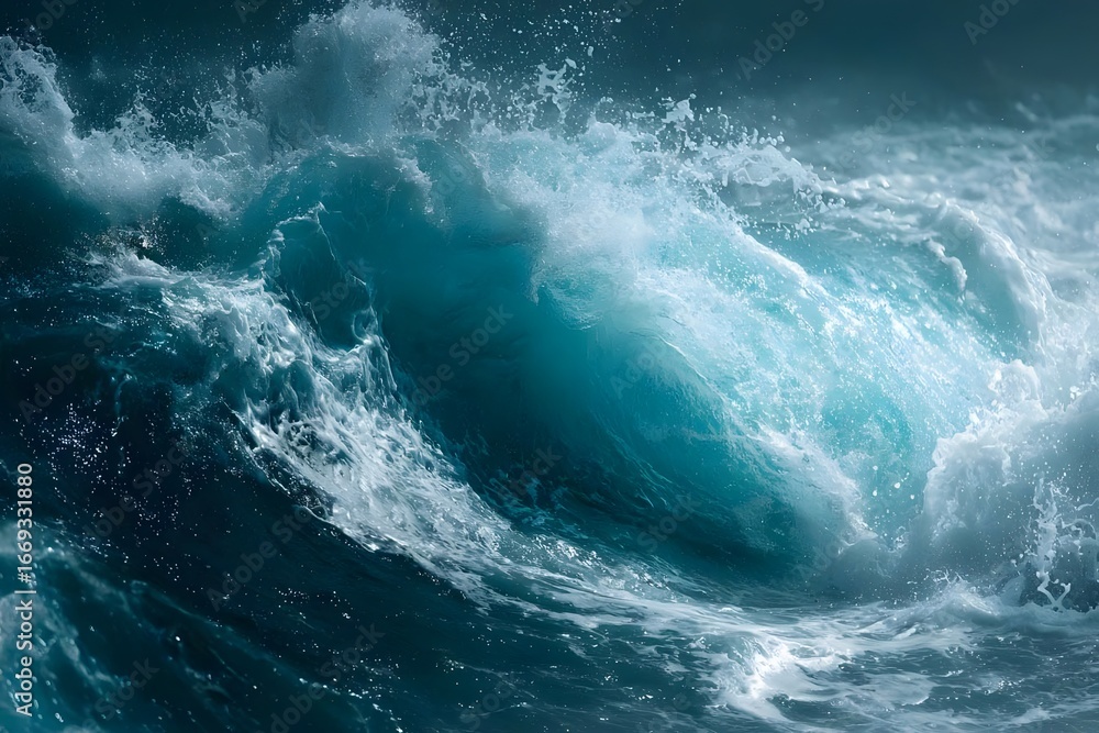 Obraz premium Turbulent, foamy, dark blue ocean waves crashing.