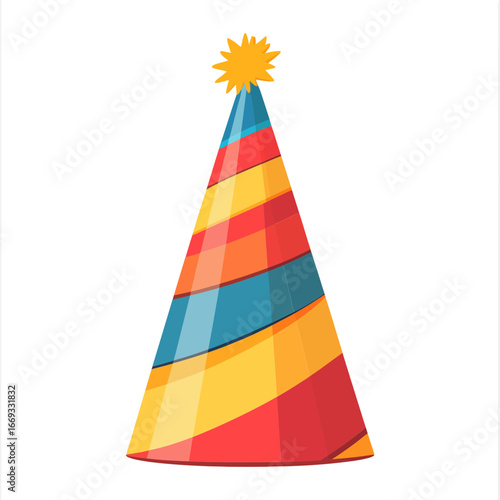 A vibrant, colorful vector illustration of a striped party hat with a pom-pom on top. This icon is great for websites or blogs related to birthdays, parties, holidays, and celebrations.

