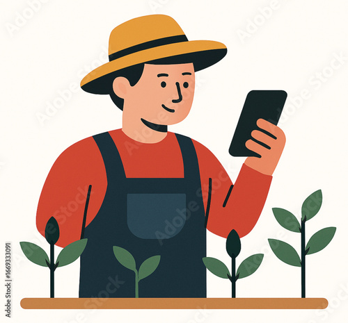 Modern flat design farmer character with smartphone and crops with white background.