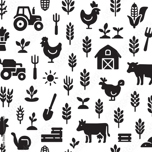Vector seamless pattern of farm icons (tractor, crops, tools, animals) with white background