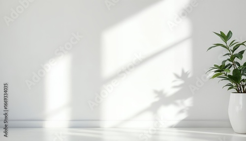 観葉植物と光の影が映る白い壁