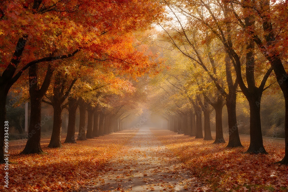 Fototapeta premium A golden autumn path under a misty sky.