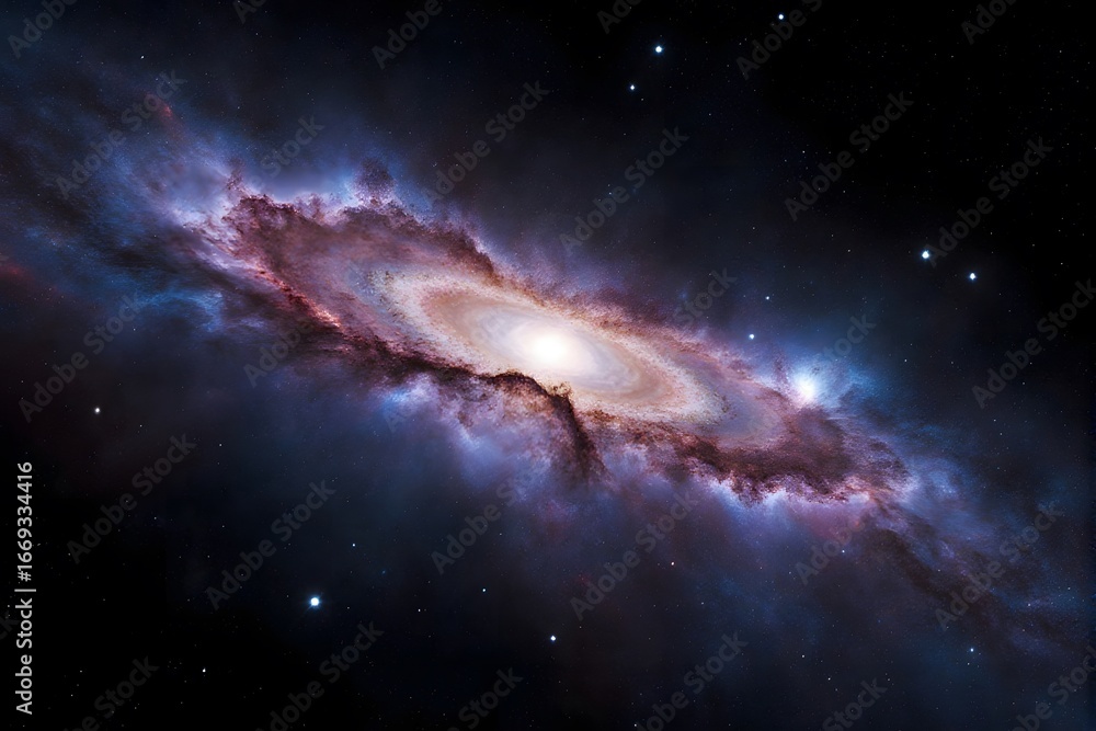 Fototapeta premium Spiral galaxy with vibrant nebulae, glowing stars, and cosmic dust in the night sky.