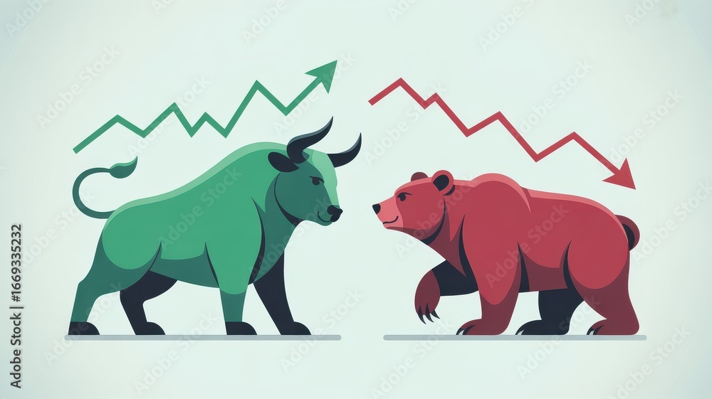 Obraz premium long term investment trend concept. Bull and bear symbols representing market trends and stock trading.
