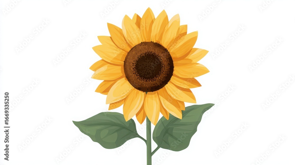 Obraz premium Bright and Cheerful Sunflower with Green Leaves on White Background