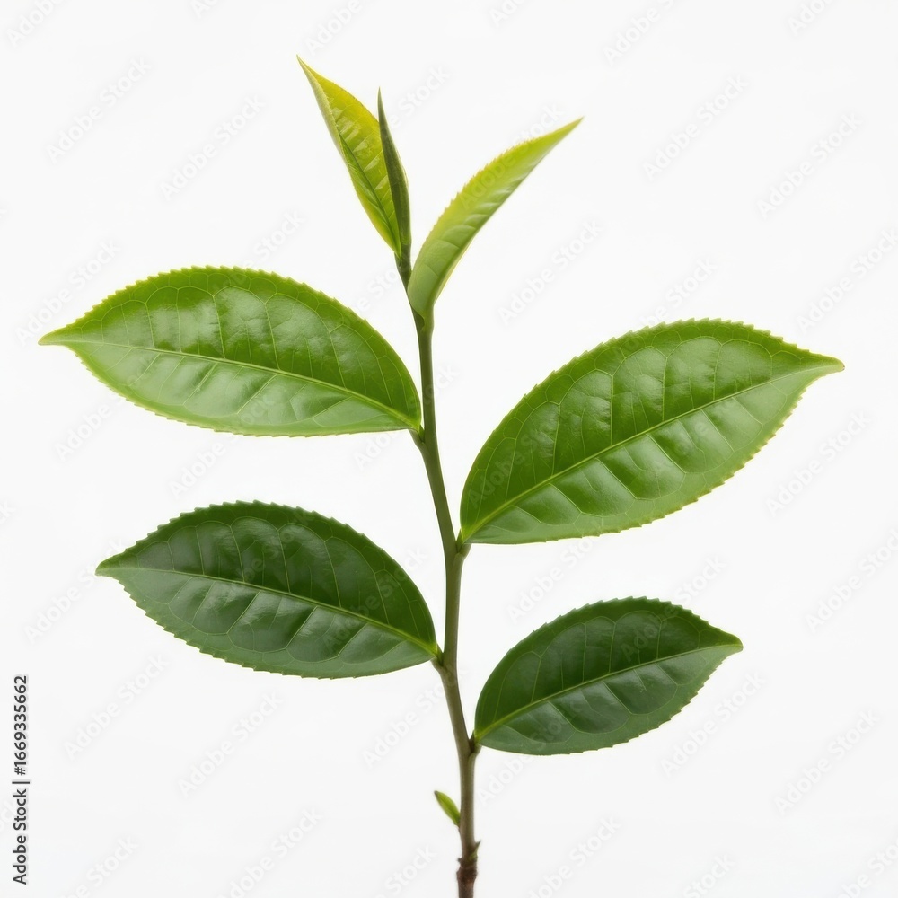 Obraz premium Green tea plant branch with fresh leaves isolated on white background