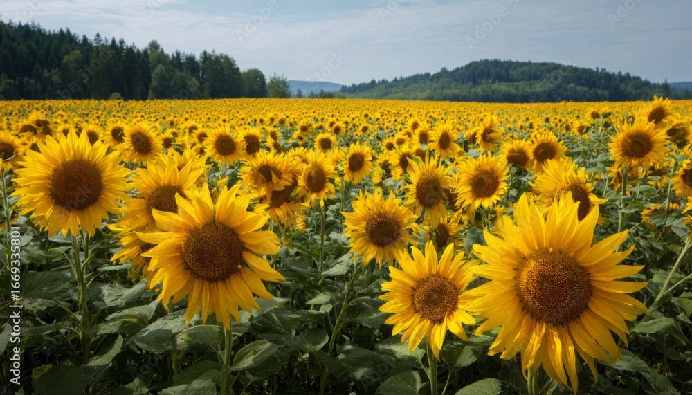 Fototapeta premium A vast expanse of vibrant yellow sunflowers fills a field, stretching to a backdrop of lush green trees and a partly cloudy sky.