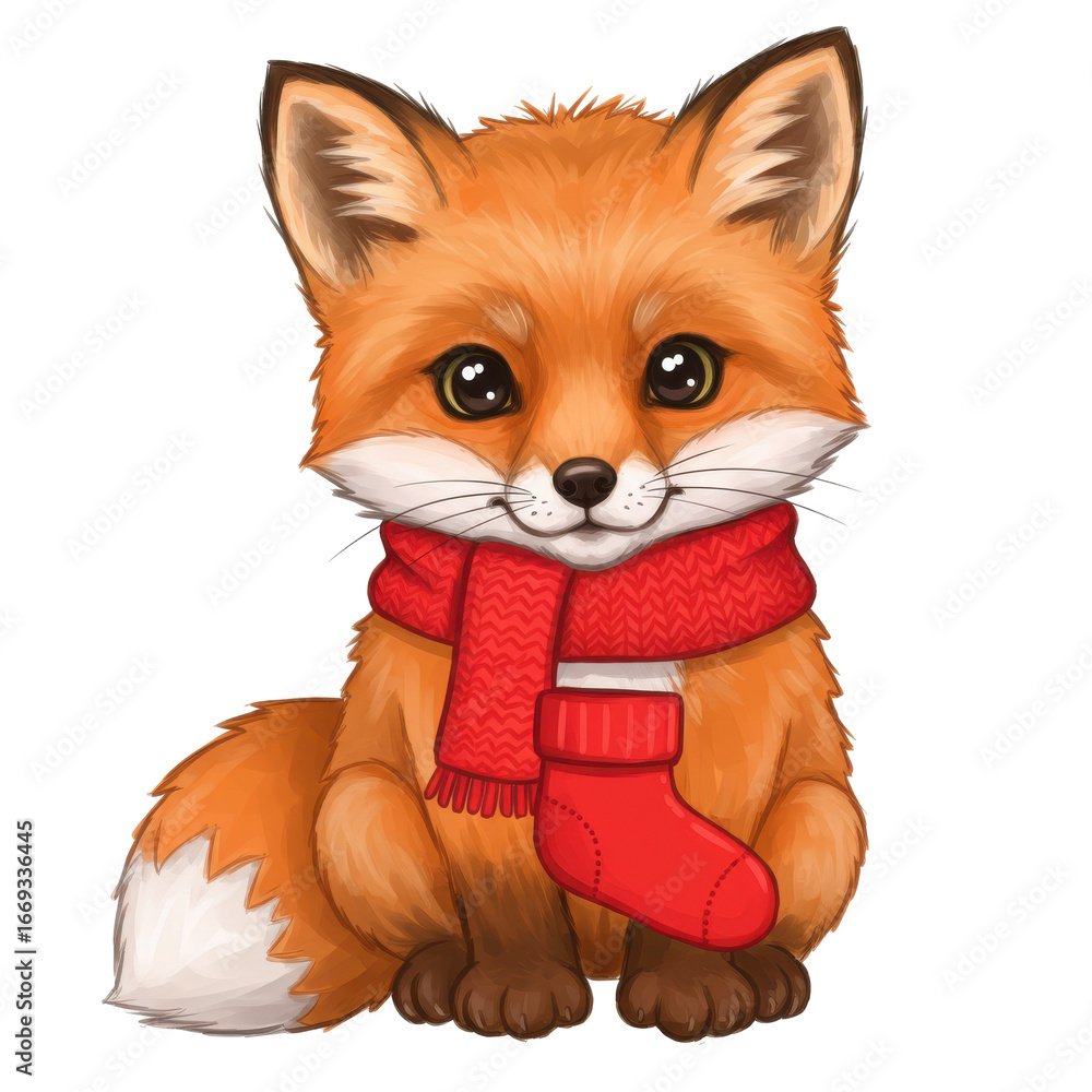 Obraz premium Adorable cartoon fox wearing a cozy red scarf and stocking isolated on white background