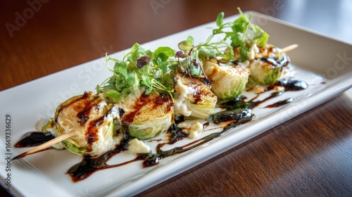 Roasted brussels sprouts skewers with balsamic glaze and herbs.