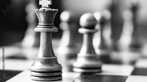 Close up shot of a chess king piece with other pieces blurred in the background on a chess board