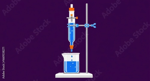 A scientific titration setup with a burette dispensing blue liquid into a beaker on a white base against a purple background
