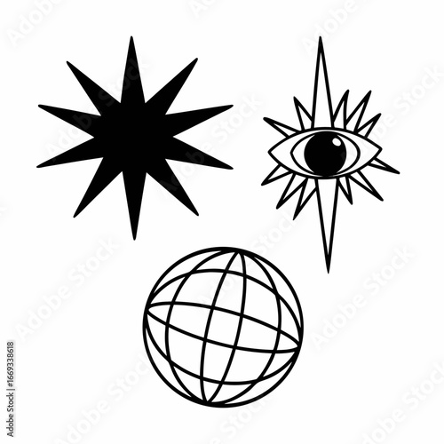 Vector art of collection of celestial and mystical symbols including a starburst, an allseeing eye within a star, and a stylized globe, isolated on a