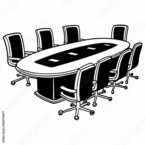 Vector art of oval conference table with eight chairs in a boardroom setting, isolated on a for business meetings and discussions