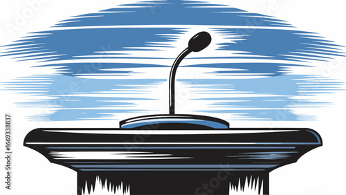 Illustration of a podium with a microphone on it against a blue and white abstract background design art silhouette