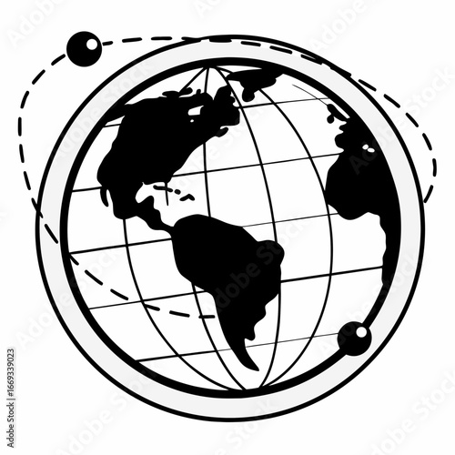 Vector art of stylized illustration of a globe with orbiting satellites, symbolizing global connectivity and space exploration
