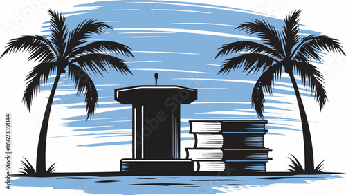 A podium and stack of books between two palm trees against a blue and white striped background scene view silhouette