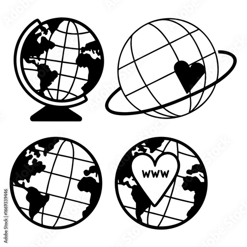 Vector art of set of four stylized globe icons, featuring continents, a heart symbol, and the word www, isolated on a