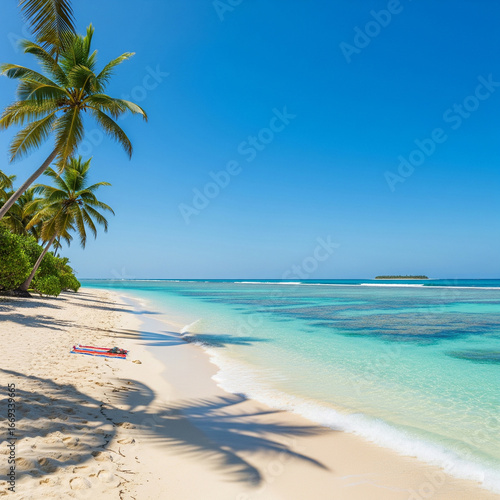 Wallpaper Mural Idyllic tropical beach with crystal clear turquoise water and palm trees casting shadows on the white sand Torontodigital.ca