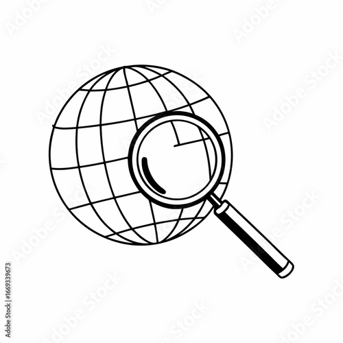 Vector art of globe with a magnifying glass, symbolizing search, exploration, and discovery of global information and data