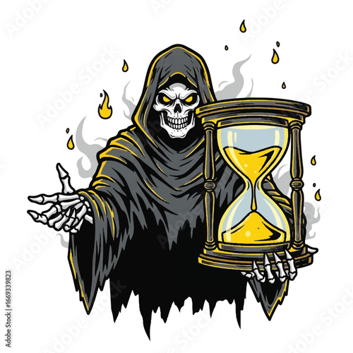 Grim Reaper illustration holding an hourglass, representing the concept of time and mortality.