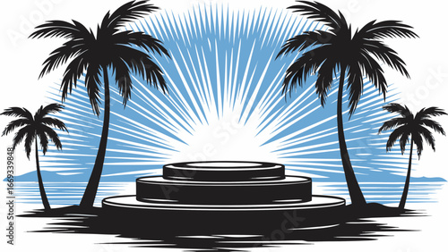 Tropical island scene with palm trees and a three tiered platform under a radiating light blue sky silhouette