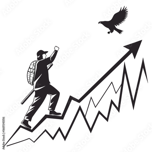 Vector art of man climbing an upward trending graph with an eagle flying above, symbolizing success, growth, and ambition