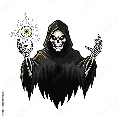 Grim reaper with a skull face and black cloak holding a flaming eyeball.
