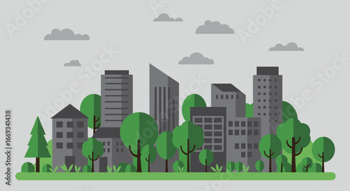 Modern City with Green Spaces and Tall Buildings