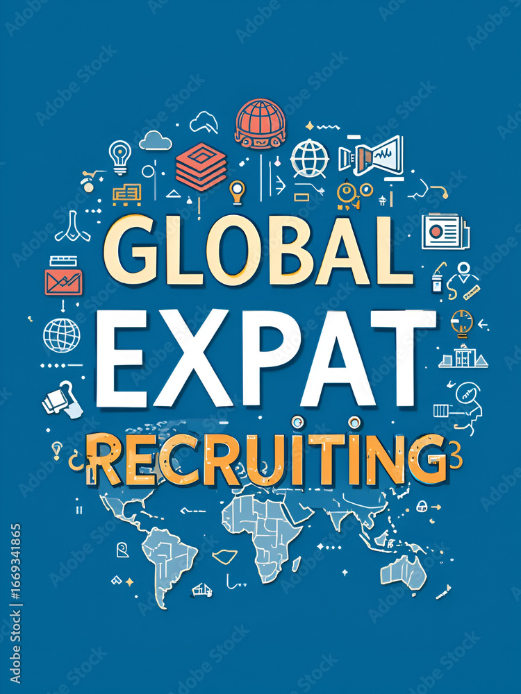 Naklejka premium Global expat recruiting word concepts banner. Hiring employees abroad. Infographics with linear icons on blue background. Isolated creative typography. Vector outline color illustration with text