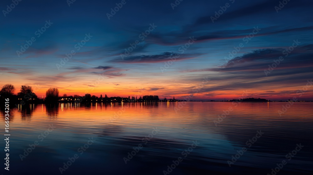 Fototapeta premium A spectacular sunset with gradient orange and purple clouds and a cityscape in the distance creates a panoramic abstract skyscape.
