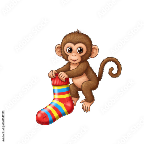 Playful monkey holding a colorful striped sock with joyful expression isolated on white background