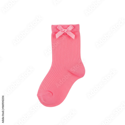 Pink ribbed baby sock with delicate bow detail isolated on white background