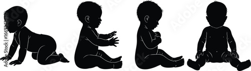 Baby silhouette set showing seated and crawling positions, capturing infant posture, movement stages, and early childhood development vector concept