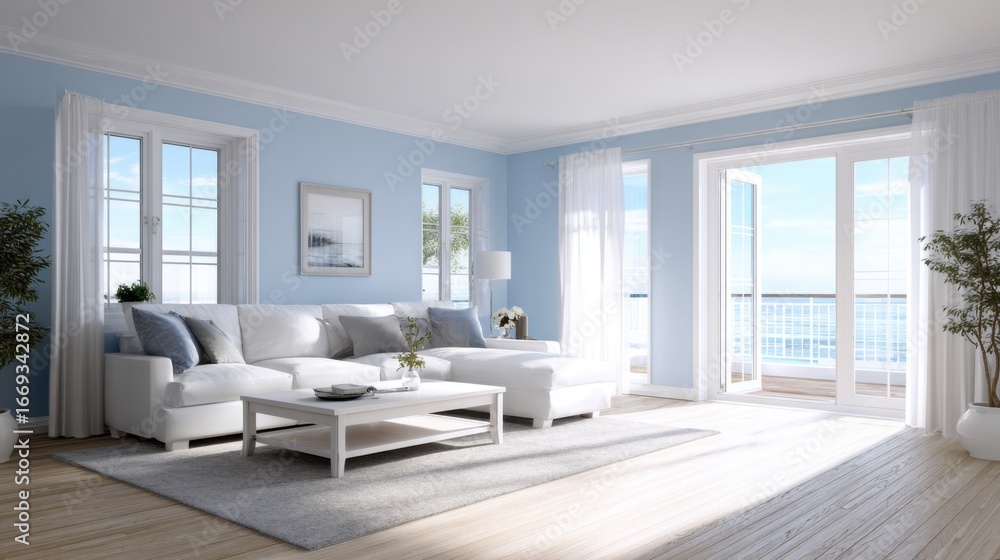 Fototapeta premium Bright and Airy Living Room with Coastal View and Modern Decor