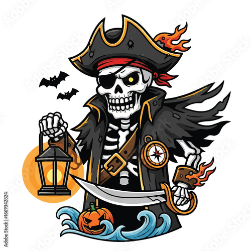 A cartoon skeleton pirate with an eyepatch holding a flaming sword and a lantern, surrounded by bats and a jack-o'-lantern.