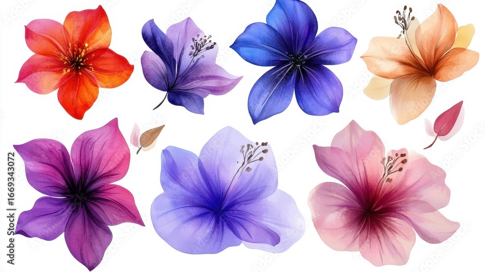 Fototapeta premium Isolated tropical watercolor flowers set, artistic bright floral elements for design use